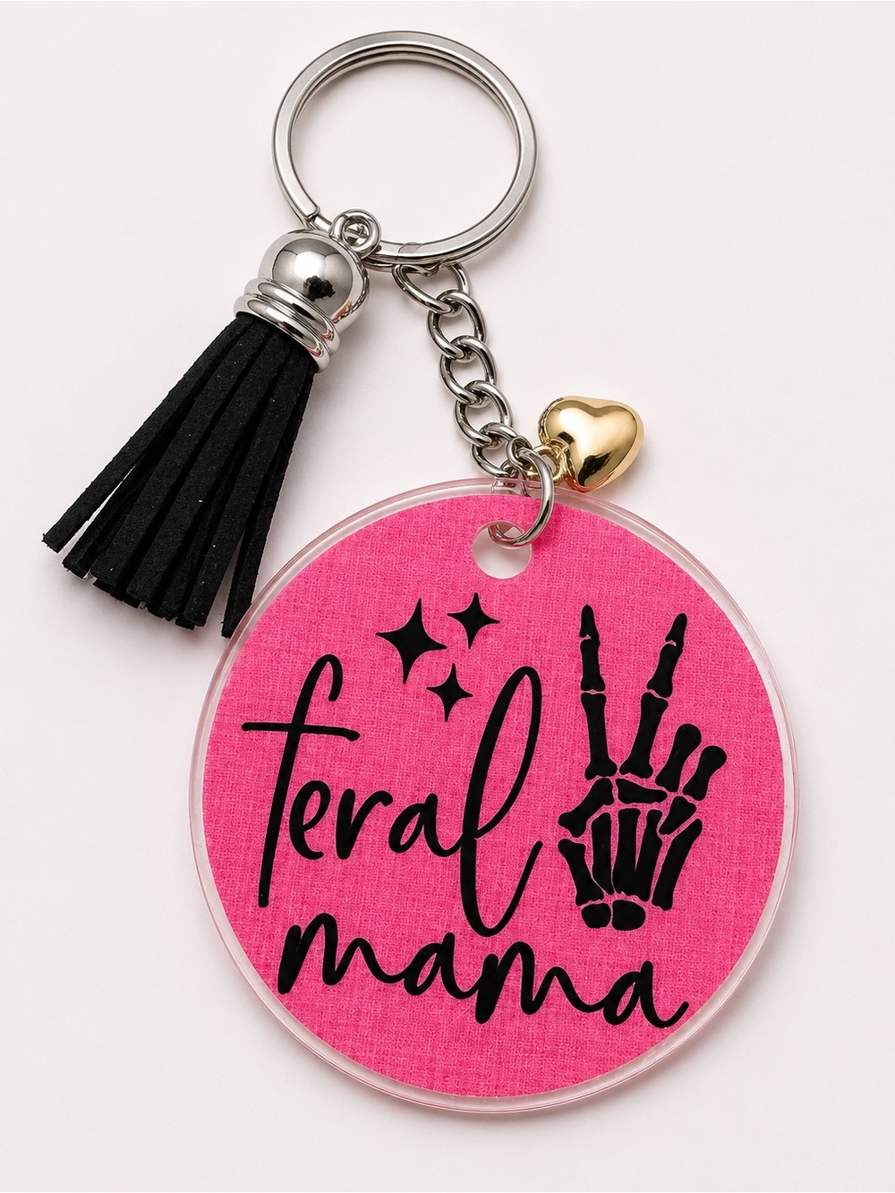 Pink 'feral mama' Keychain with Black Tassel